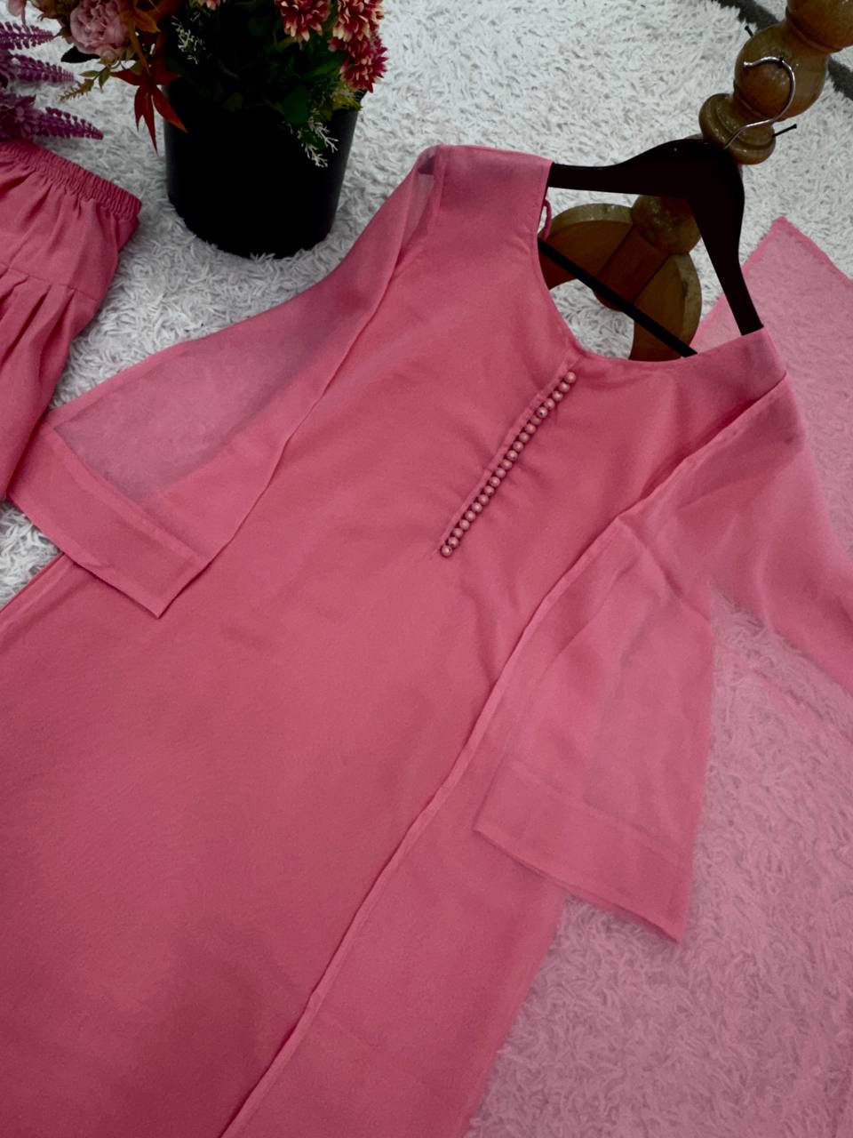 Ceremony Wear Baby Pink Color Heavy Georgette Top-Bottom-Dupatta Set