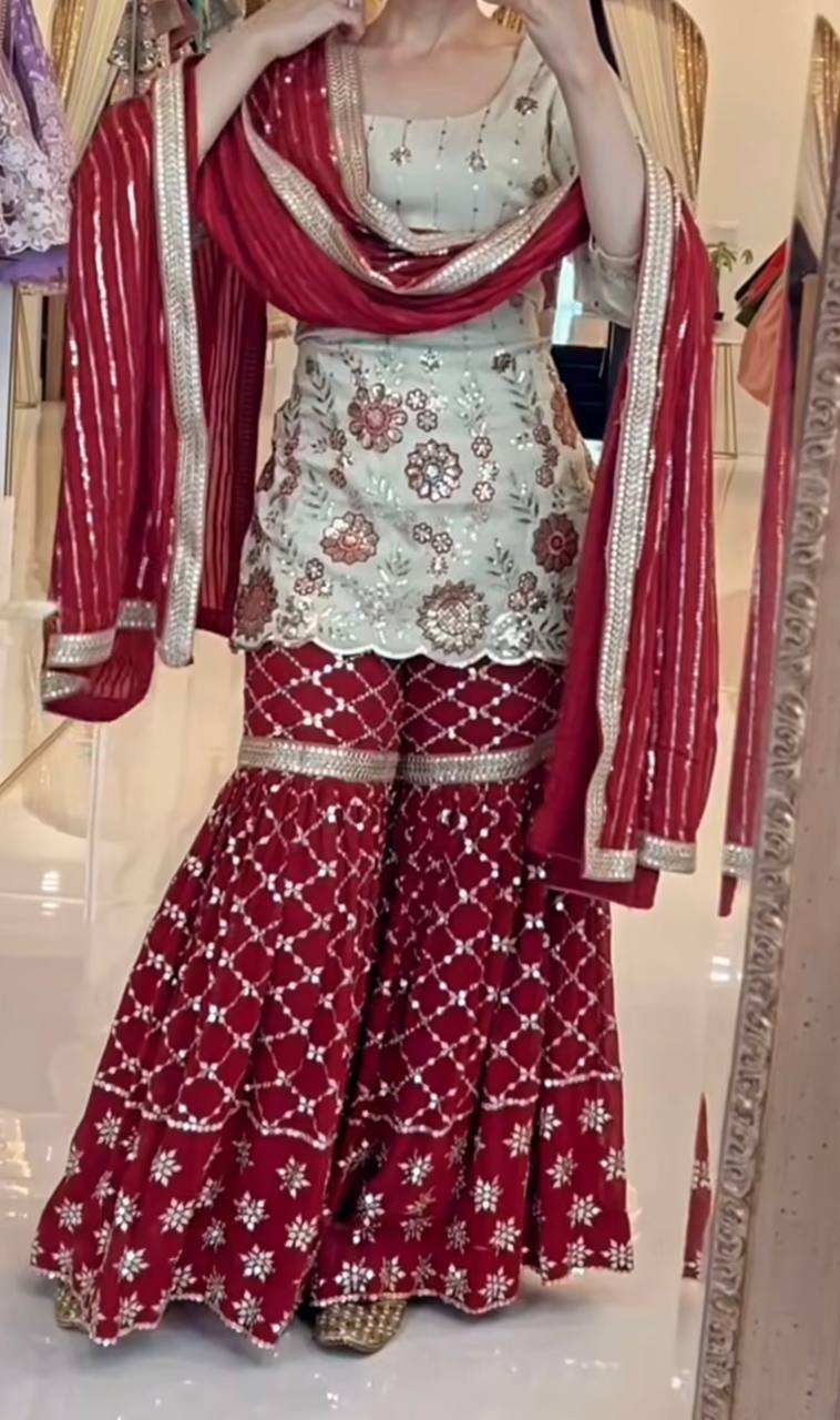 Function Wear Cream And Maroon Color Sequins Embroidered Ready To Wear Sharara Suit