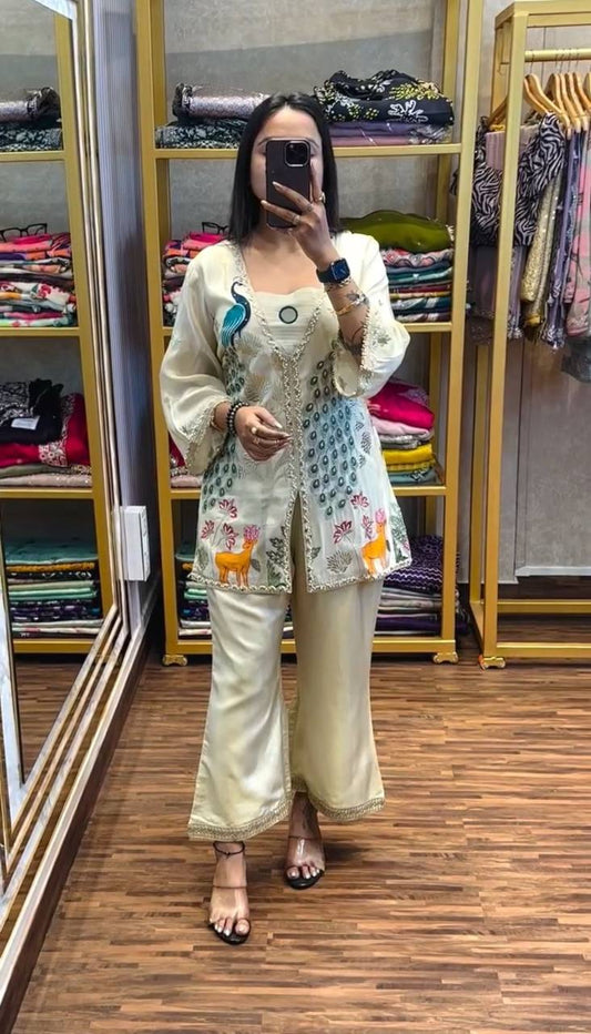 Superhit Off White Color Pure Tissue Simmer Silk Heavy Embroidery Thread With Sequence Work Palazzo Suit