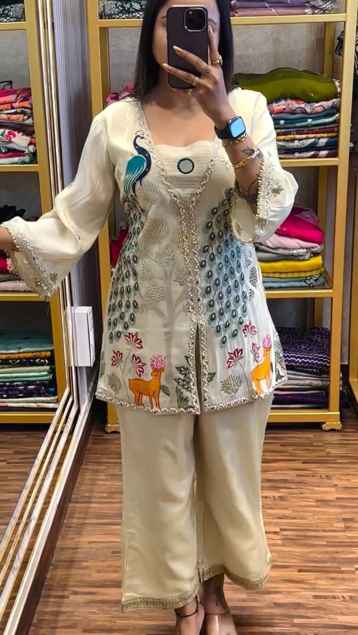 Superhit Off White Color Pure Tissue Simmer Silk Heavy Embroidery Thread With Sequence Work Palazzo Suit