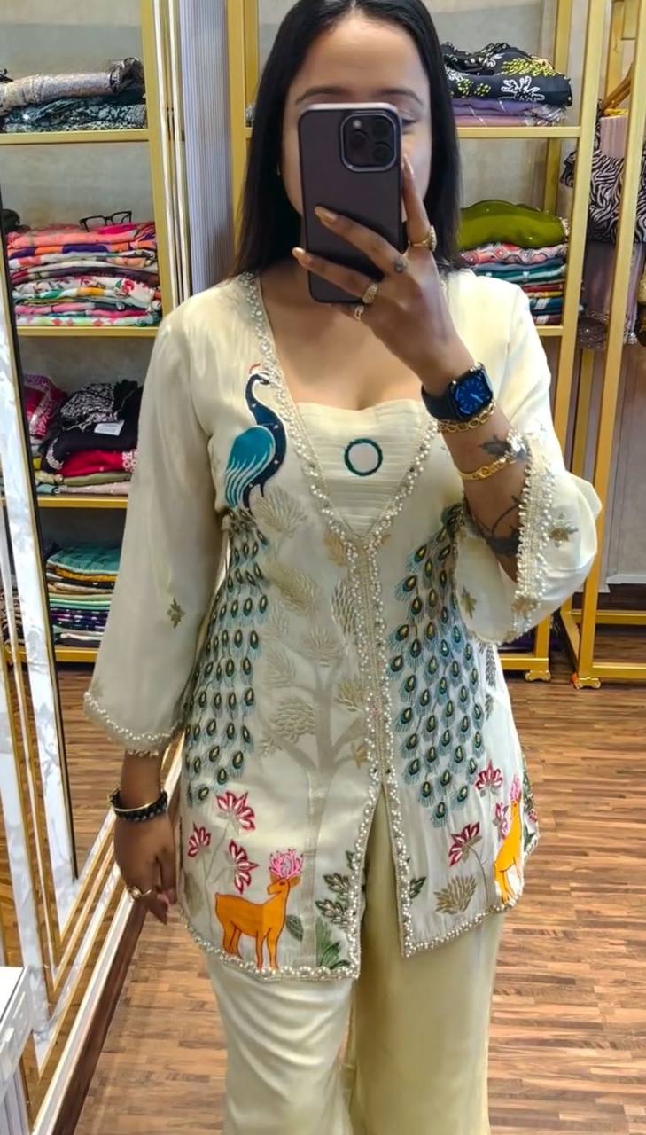 Superhit Off White Color Pure Tissue Simmer Silk Heavy Embroidery Thread With Sequence Work Palazzo Suit