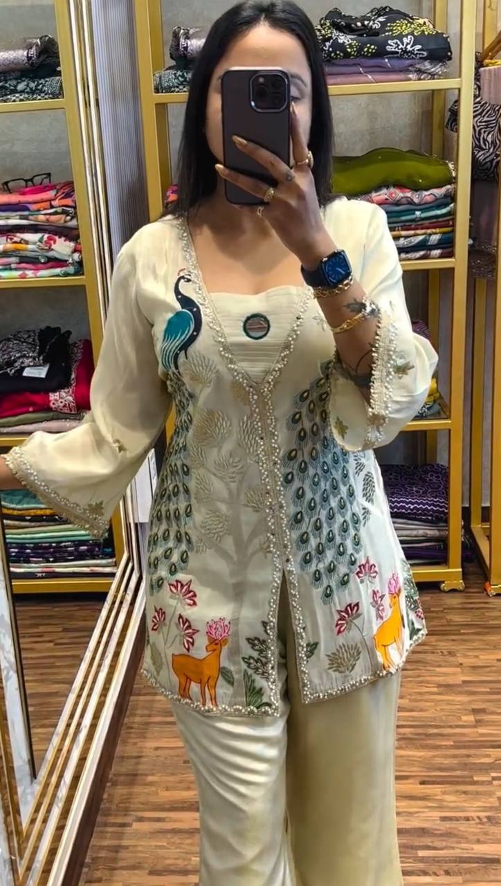 Superhit Off White Color Pure Tissue Simmer Silk Heavy Embroidery Thread With Sequence Work Palazzo Suit