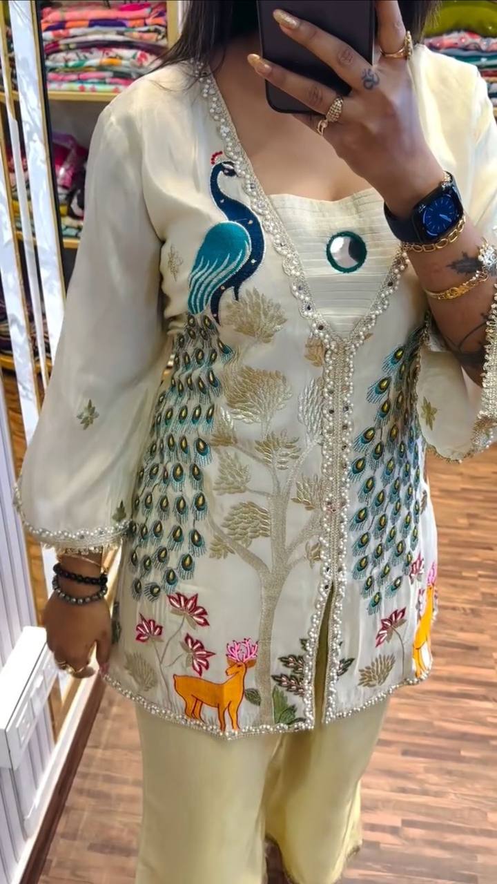Superhit Off White Color Pure Tissue Simmer Silk Heavy Embroidery Thread With Sequence Work Palazzo Suit