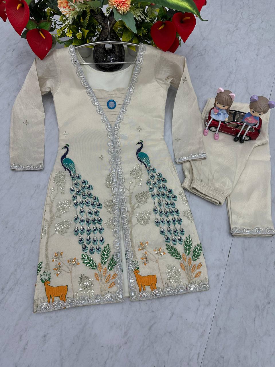 Superhit Off White Color Pure Tissue Simmer Silk Heavy Embroidery Thread With Sequence Work Palazzo Suit