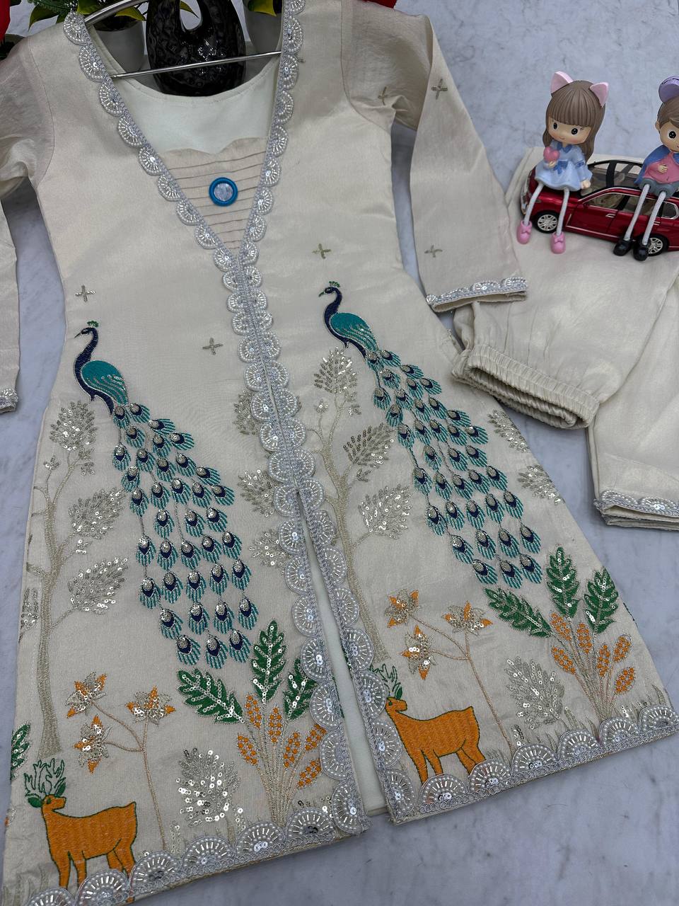 Superhit Off White Color Pure Tissue Simmer Silk Heavy Embroidery Thread With Sequence Work Palazzo Suit