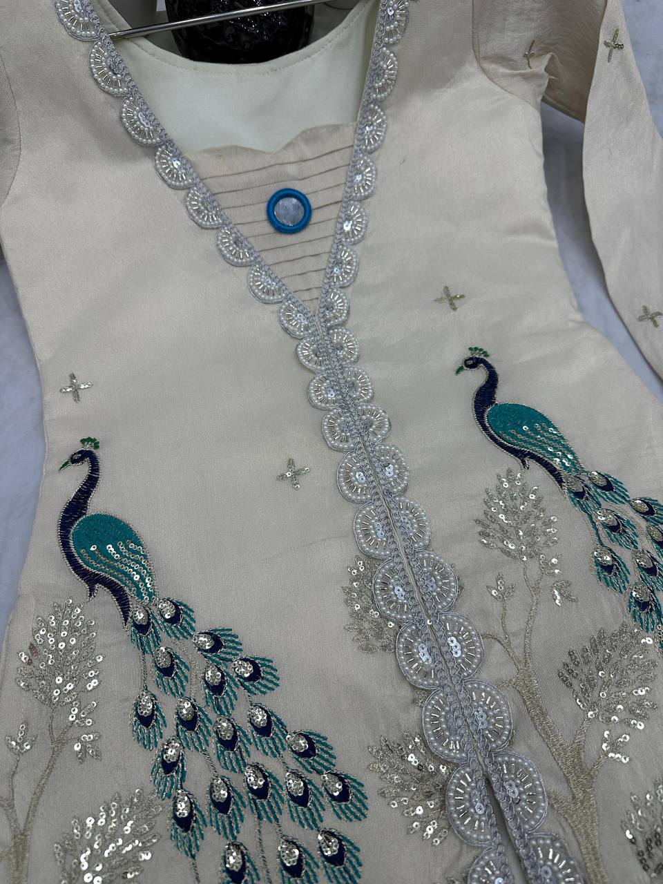 Superhit Off White Color Pure Tissue Simmer Silk Heavy Embroidery Thread With Sequence Work Palazzo Suit