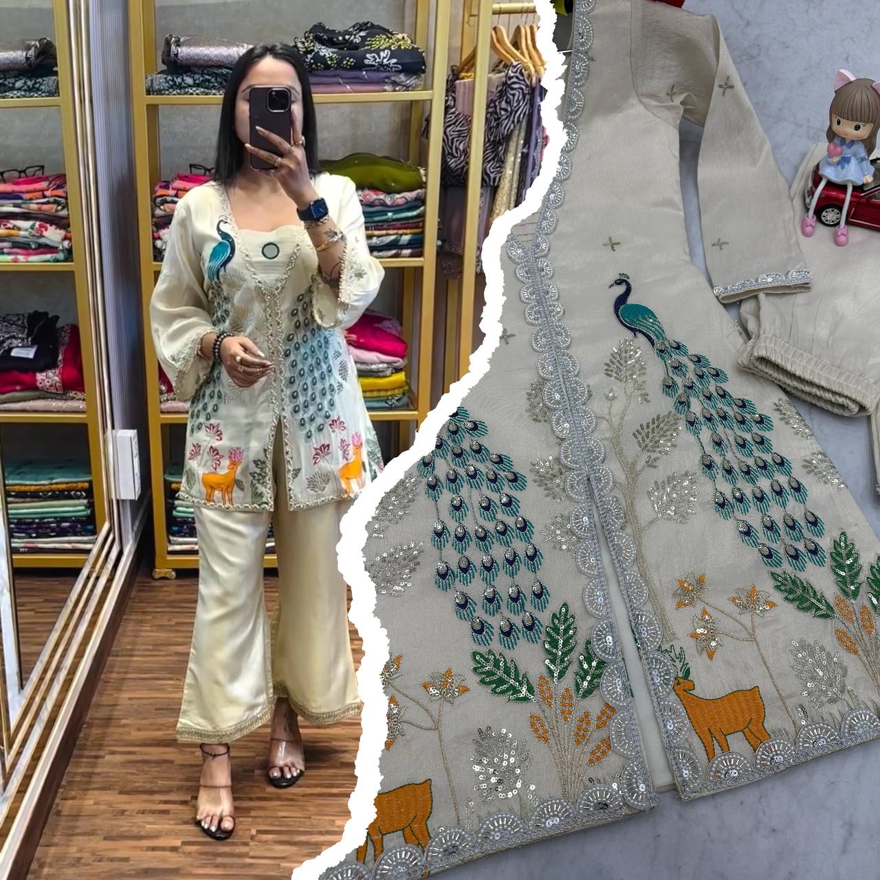 Superhit Off White Color Pure Tissue Simmer Silk Heavy Embroidery Thread With Sequence Work Palazzo Suit