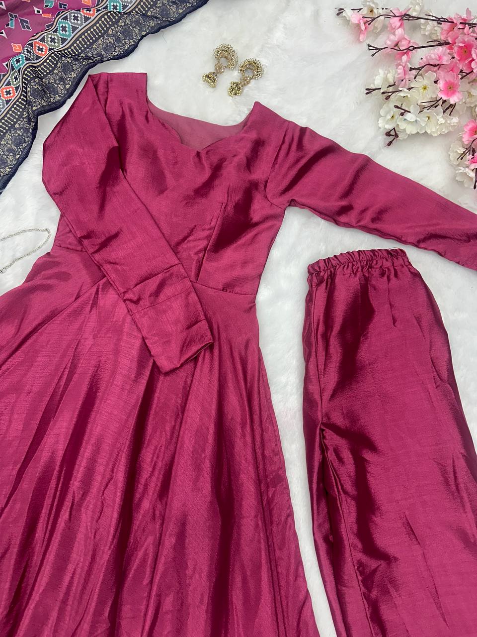 Ceremony Wear Wine Color Designer Chinnon Silk Anarkali Palazzo Suit