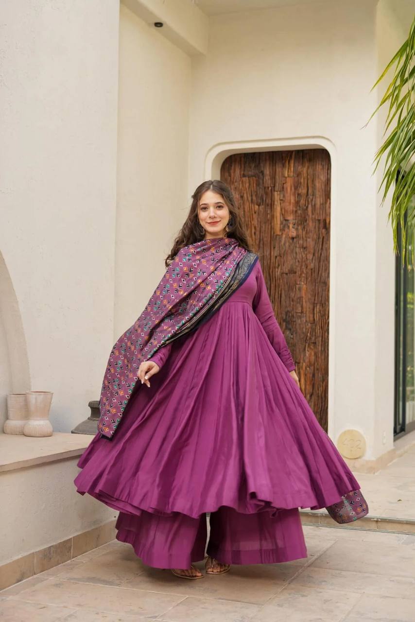 Ceremony Wear Wine Color Designer Chinnon Silk Anarkali Palazzo Suit