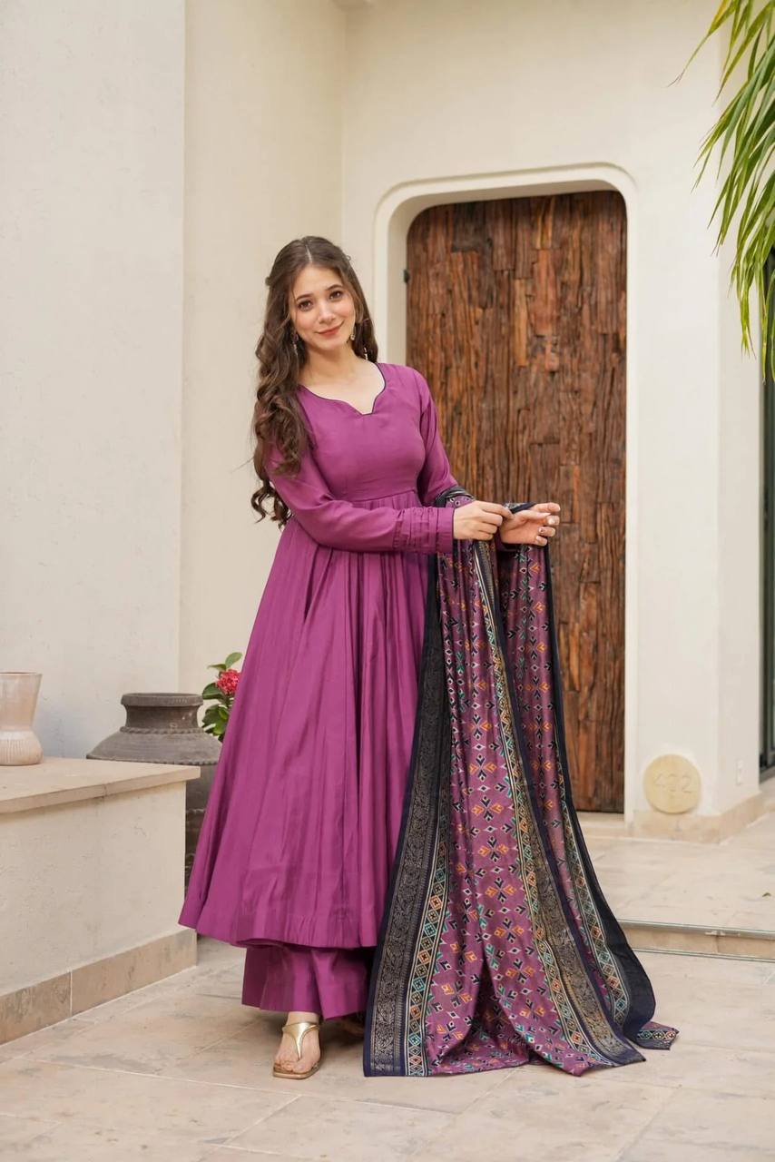 Ceremony Wear Wine Color Designer Chinnon Silk Anarkali Palazzo Suit