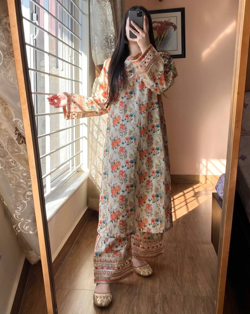 Ceremony Wear Pure Natural Roman Silk Digital Print And Sequin Embroidery Work Co-ord Palazzo Suit