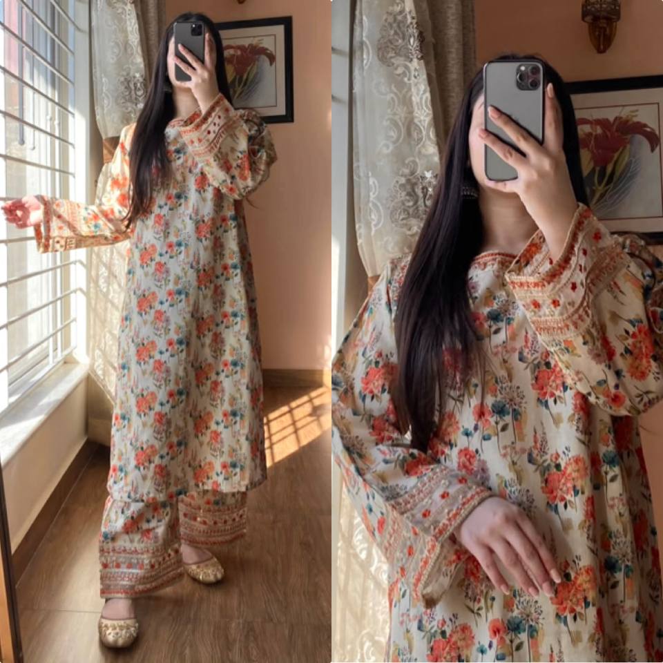 Ceremony Wear Pure Natural Roman Silk Digital Print And Sequin Embroidery Work Co-ord Palazzo Suit