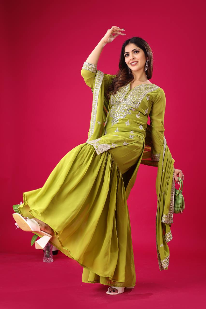 Trendy Parrot Green Color Heavy Georgette Embroidery Work Designer Sharara Suit