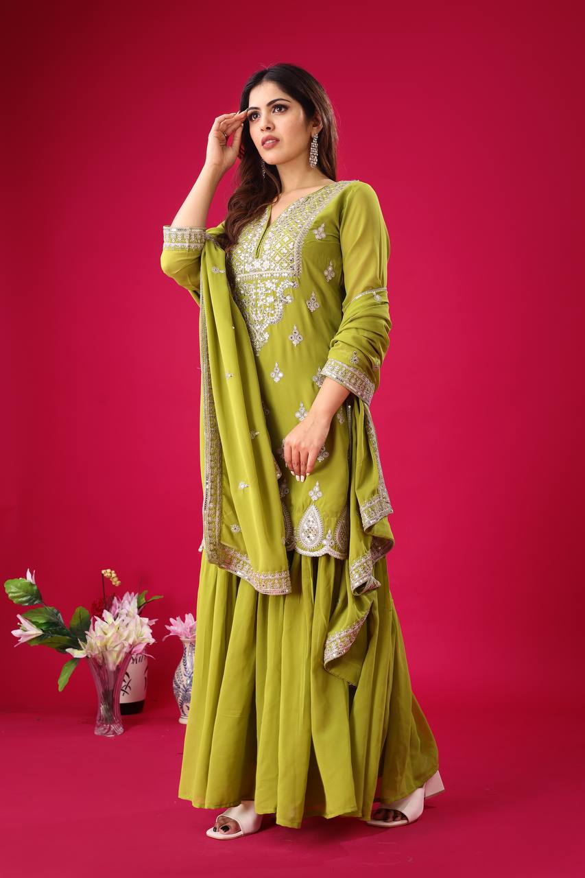 Trendy Parrot Green Color Heavy Georgette Embroidery Work Designer Sharara Suit