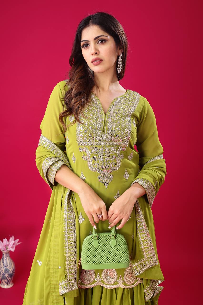 Trendy Parrot Green Color Heavy Georgette Embroidery Work Designer Sharara Suit