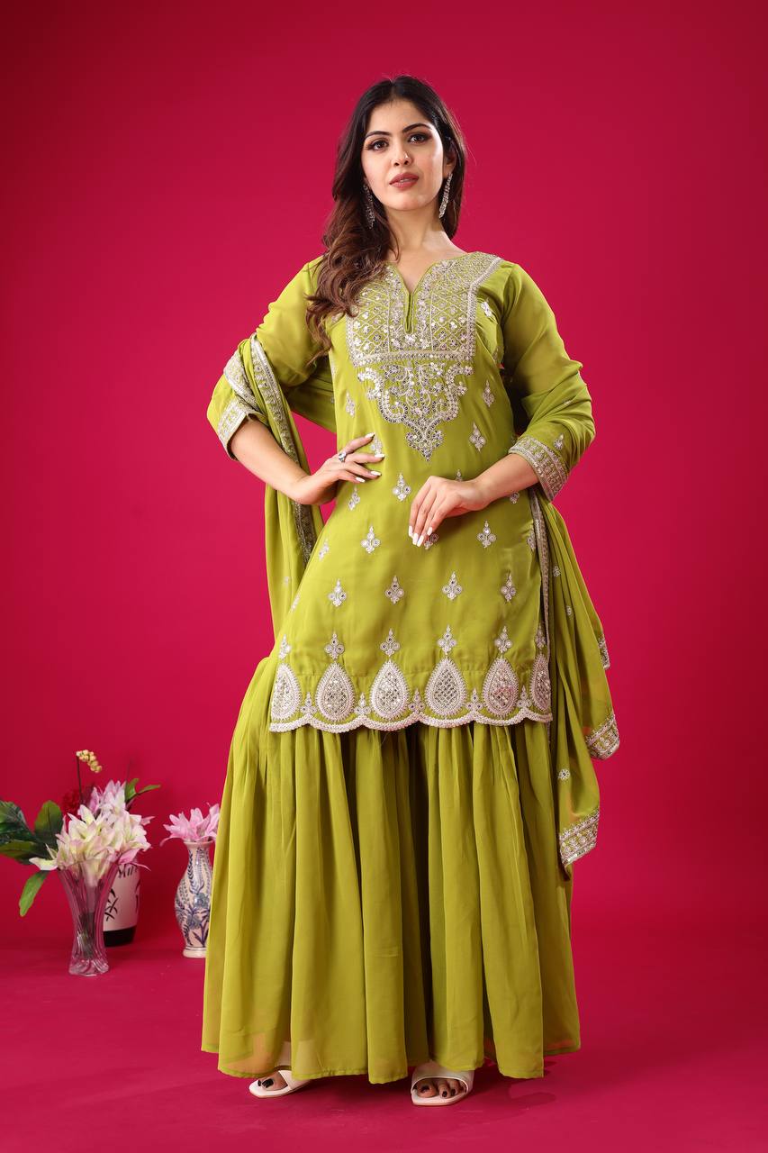 Trendy Parrot Green Color Heavy Georgette Embroidery Work Designer Sharara Suit