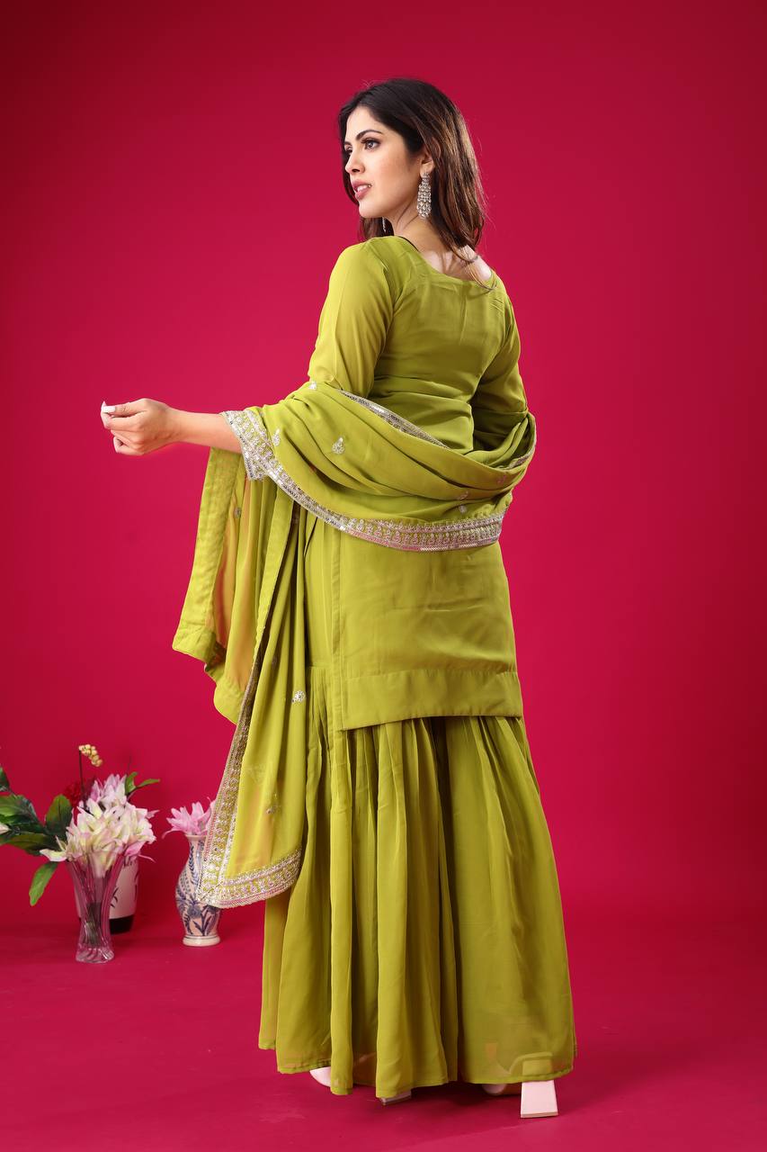 Trendy Parrot Green Color Heavy Georgette Embroidery Work Designer Sharara Suit