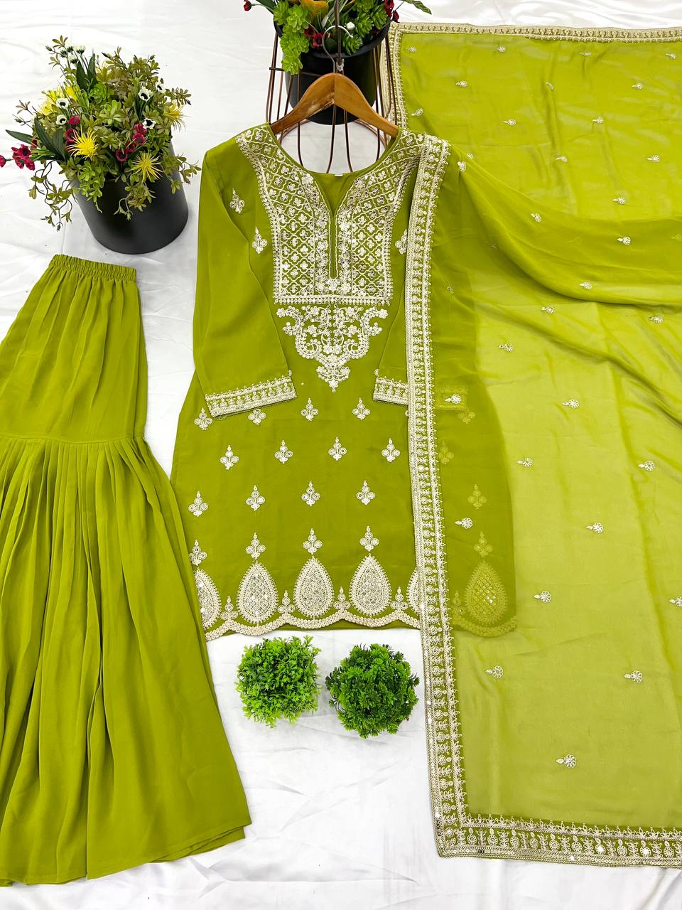Trendy Parrot Green Color Heavy Georgette Embroidery Work Designer Sharara Suit