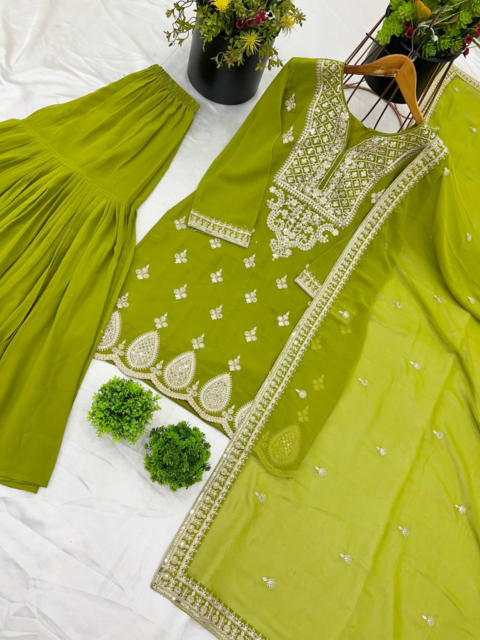 Trendy Parrot Green Color Heavy Georgette Embroidery Work Designer Sharara Suit