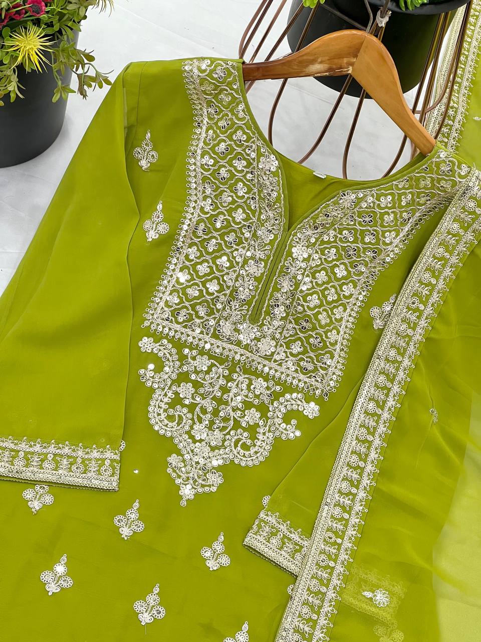 Trendy Parrot Green Color Heavy Georgette Embroidery Work Designer Sharara Suit