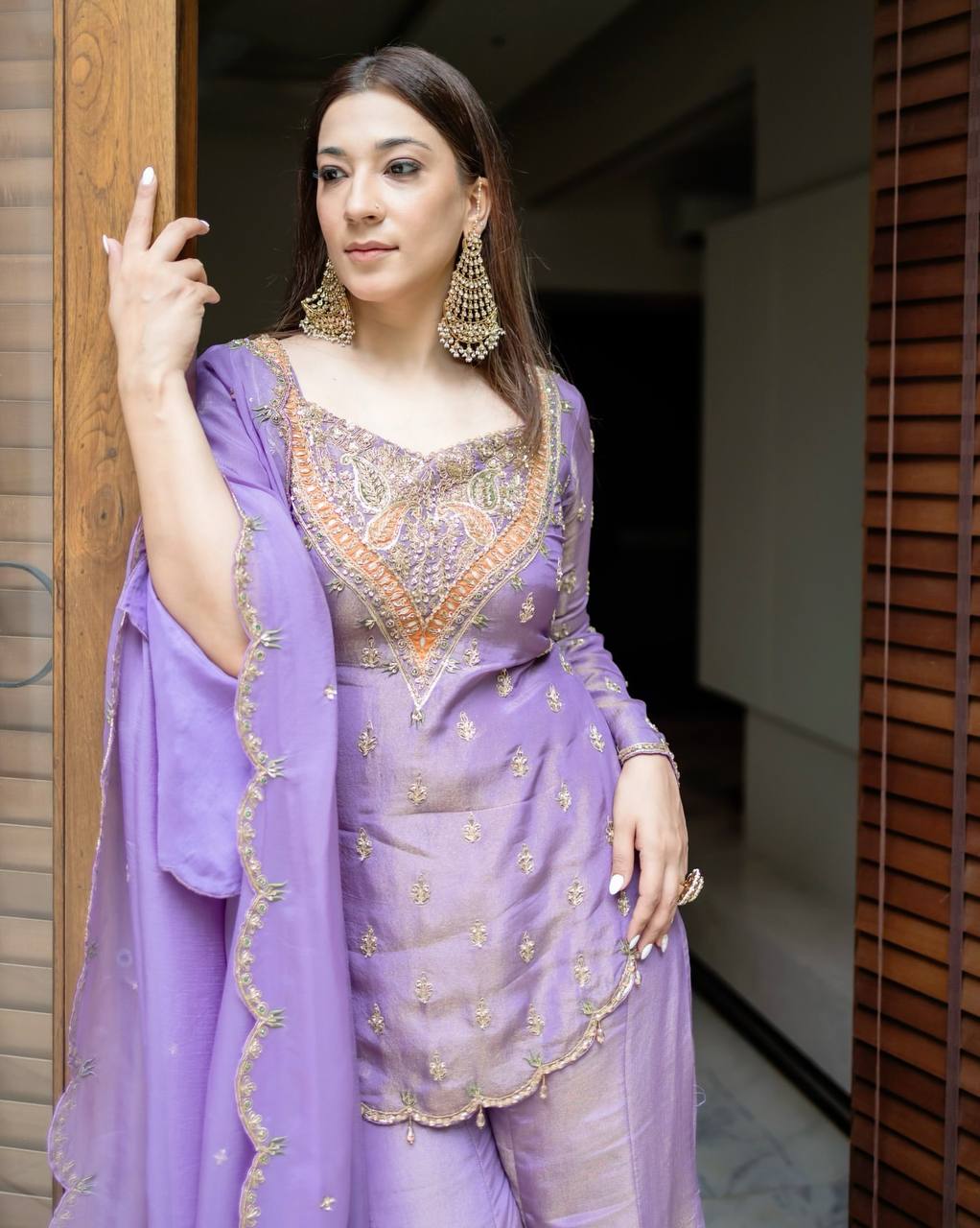 Party Wear Lavender Color Heavy Simar Silk With Embroidery Work Palazzo Suit