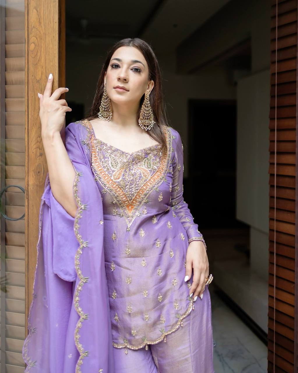 Party Wear Lavender Color Heavy Simar Silk With Embroidery Work Palazzo Suit