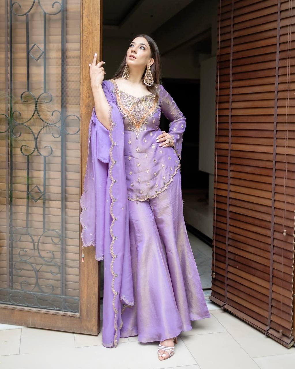 Party Wear Lavender Color Heavy Simar Silk With Embroidery Work Palazzo Suit