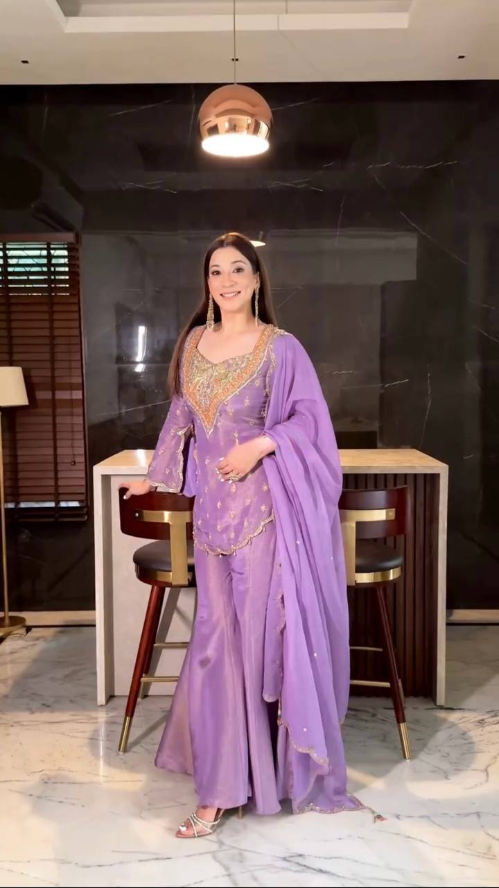 Party Wear Lavender Color Heavy Simar Silk With Embroidery Work Palazzo Suit