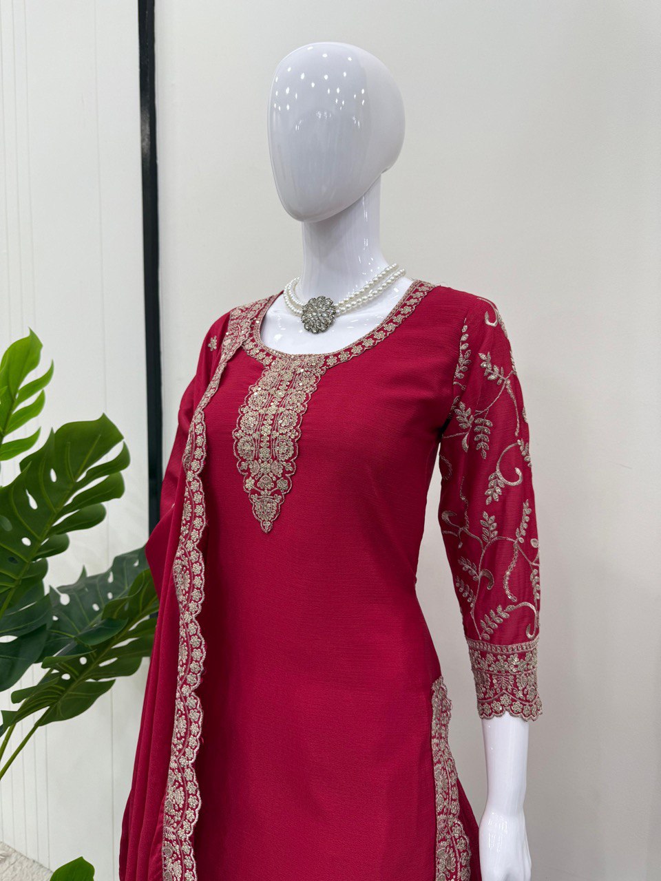 Party Wear Red Color Chinon Silk And Thread With Sequence Work Palazzo Suit