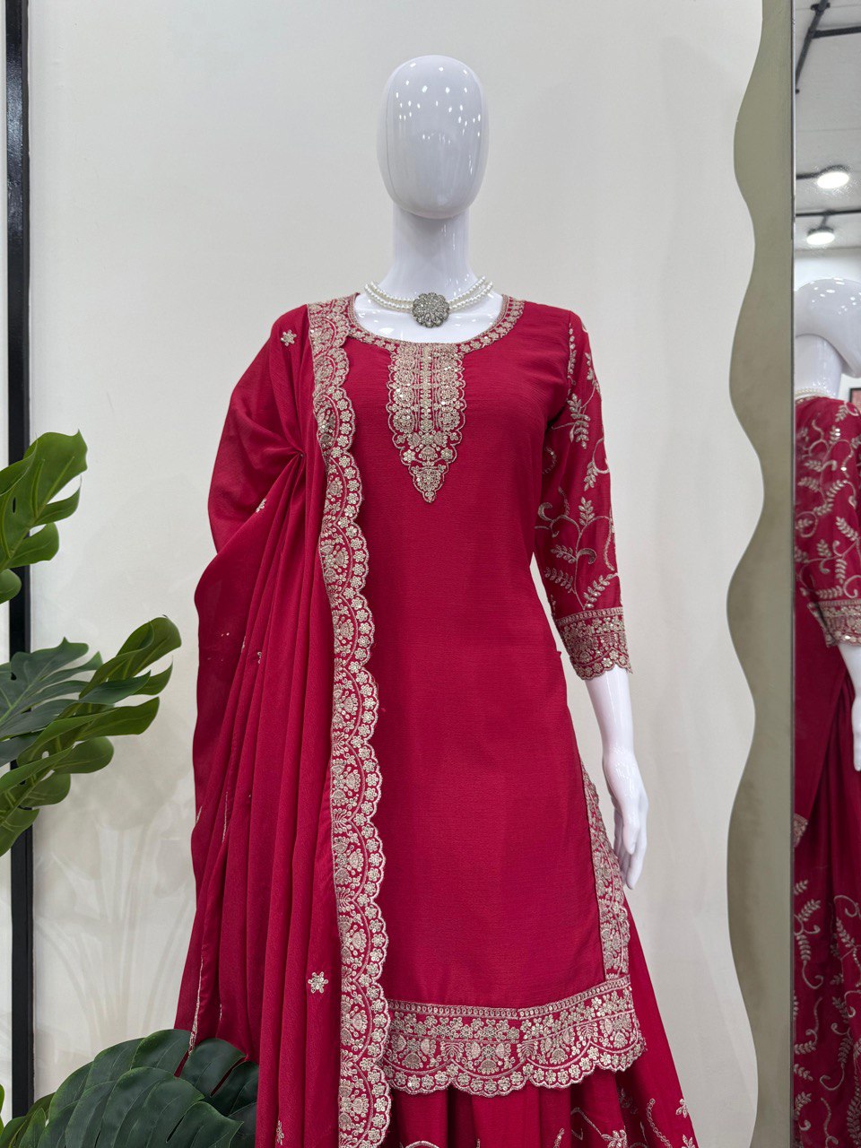 Party Wear Red Color Chinon Silk And Thread With Sequence Work Palazzo Suit