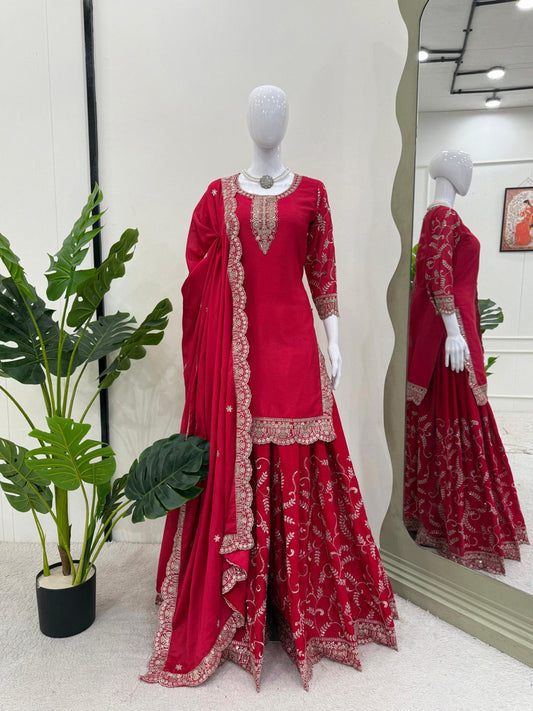 Party Wear Red Color Chinon Silk And Thread With Sequence Work Palazzo Suit