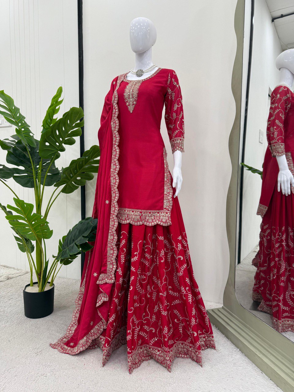 Party Wear Red Color Chinon Silk And Thread With Sequence Work Palazzo Suit