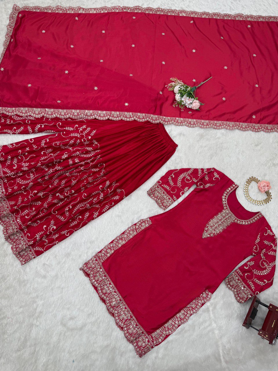 Party Wear Red Color Chinon Silk And Thread With Sequence Work Palazzo Suit
