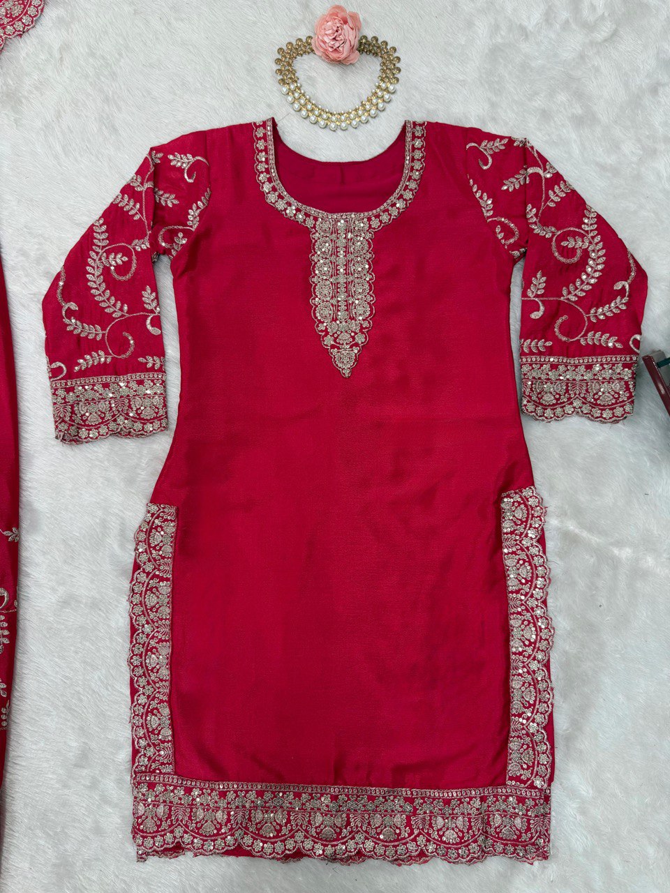 Party Wear Red Color Chinon Silk And Thread With Sequence Work Palazzo Suit