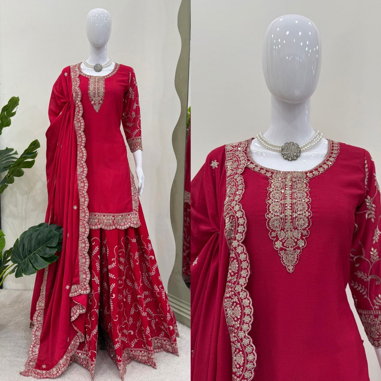 Party Wear Red Color Chinon Silk And Thread With Sequence Work Palazzo Suit