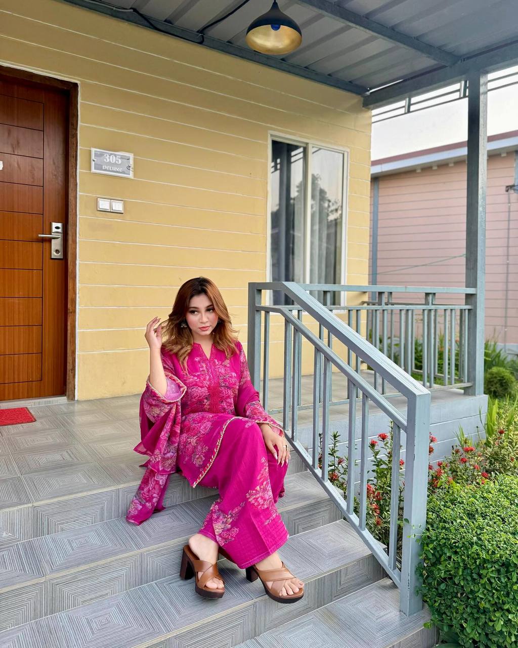 Function Wear Pink Color Pure Faux Georgette With Digital Print Palazzo Suit