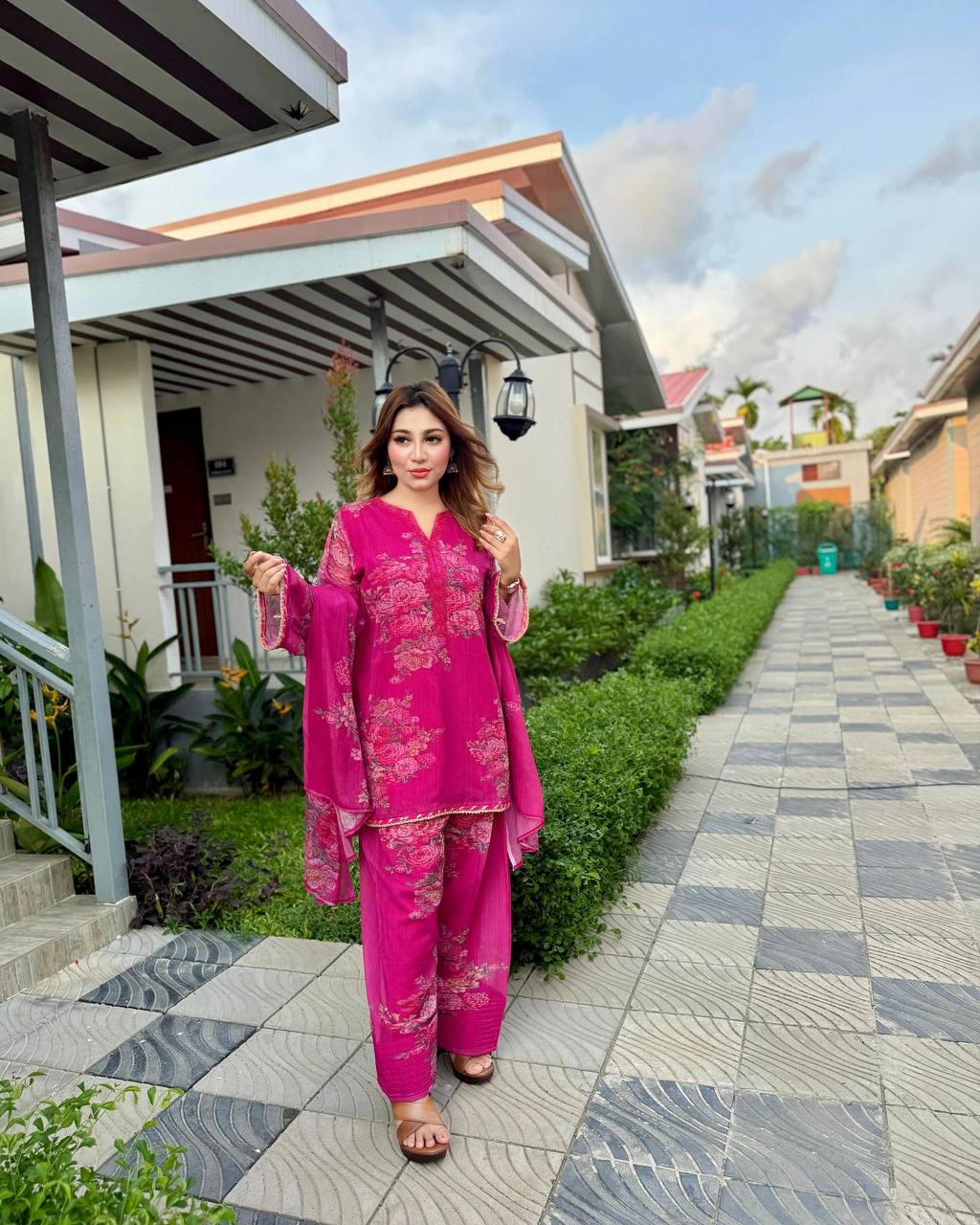 Function Wear Pink Color Pure Faux Georgette With Digital Print Palazzo Suit