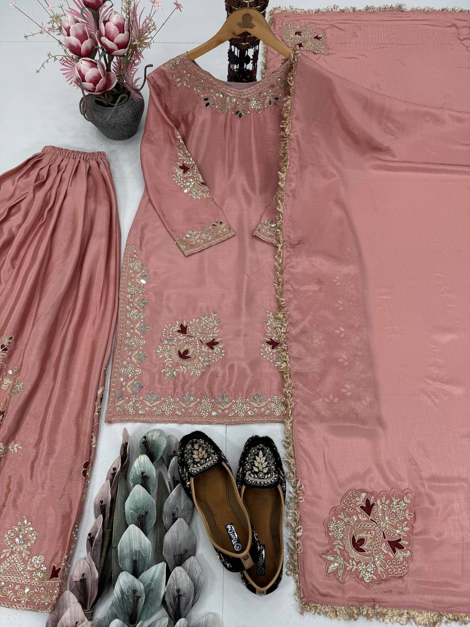Party Wear Dusty Peach Color Heavy Chinon Silk  Embroidery With Sequins And Pearl With Mirror Work Palazzo Suit