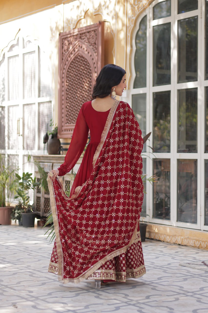 Wedding Wear Maroon Color Faux Blooming With Embroidery Zari Sequins Work Designer Gown