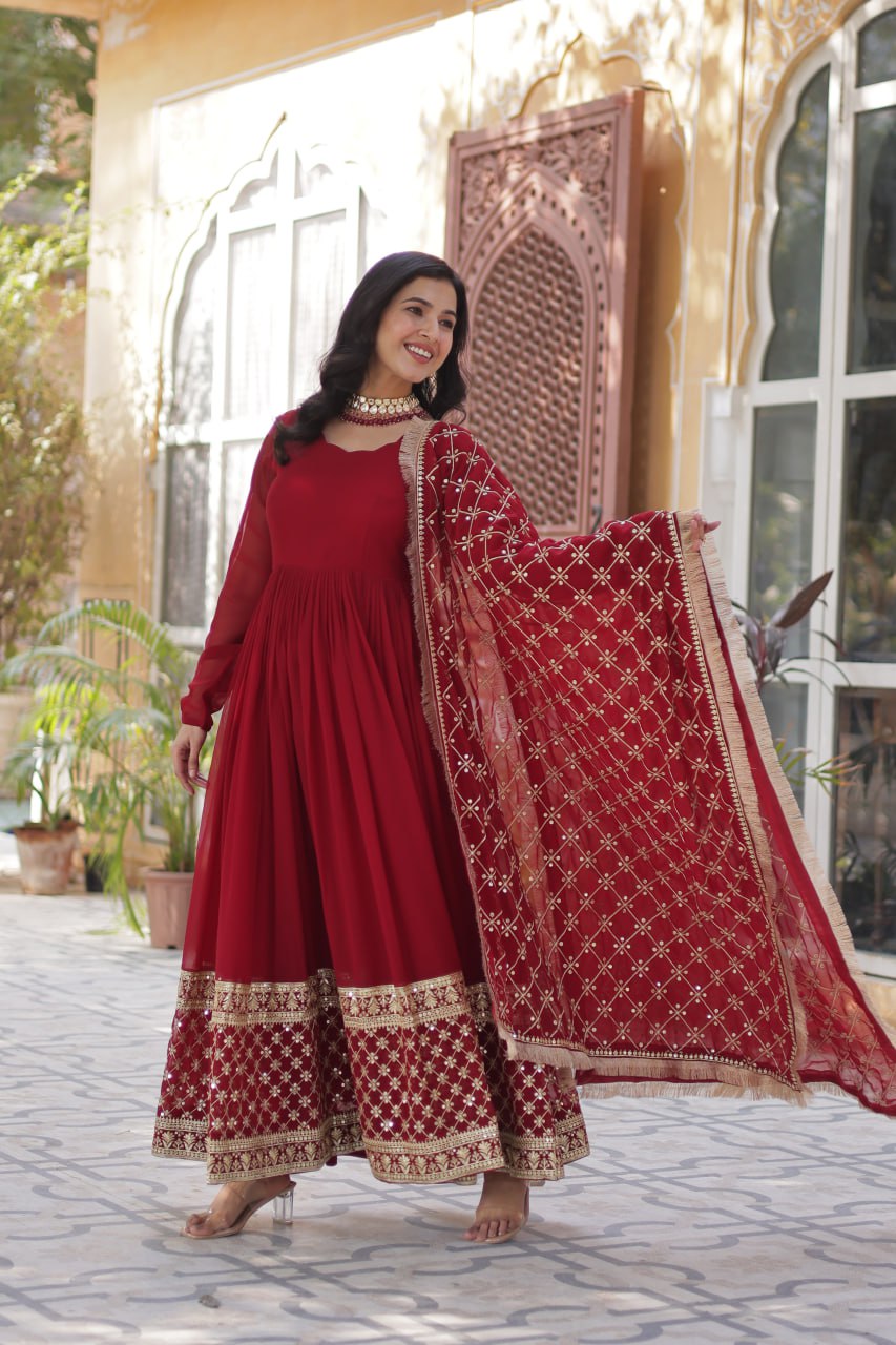 Wedding Wear Maroon Color Faux Blooming With Embroidery Zari Sequins Work Designer Gown