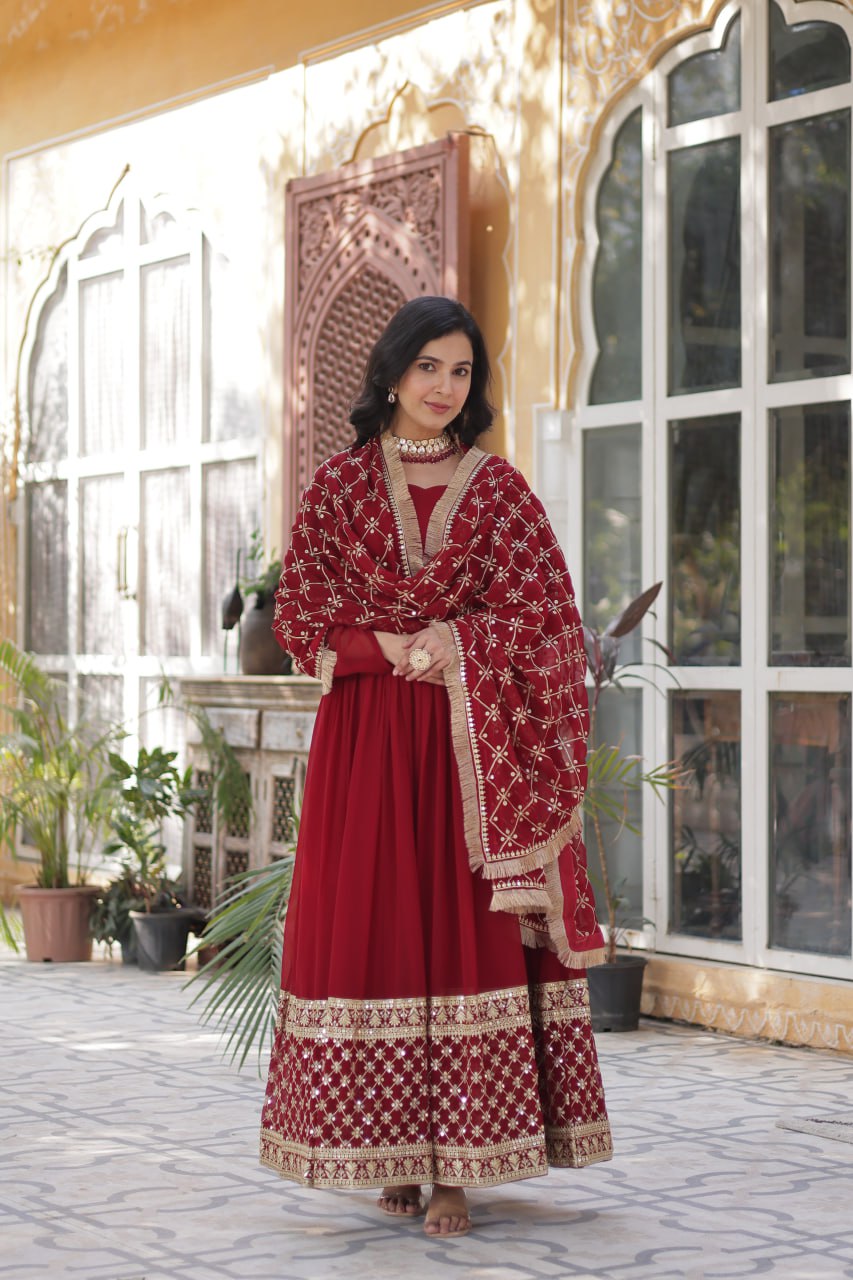 Wedding Wear Maroon Color Faux Blooming With Embroidery Zari Sequins Work Designer Gown