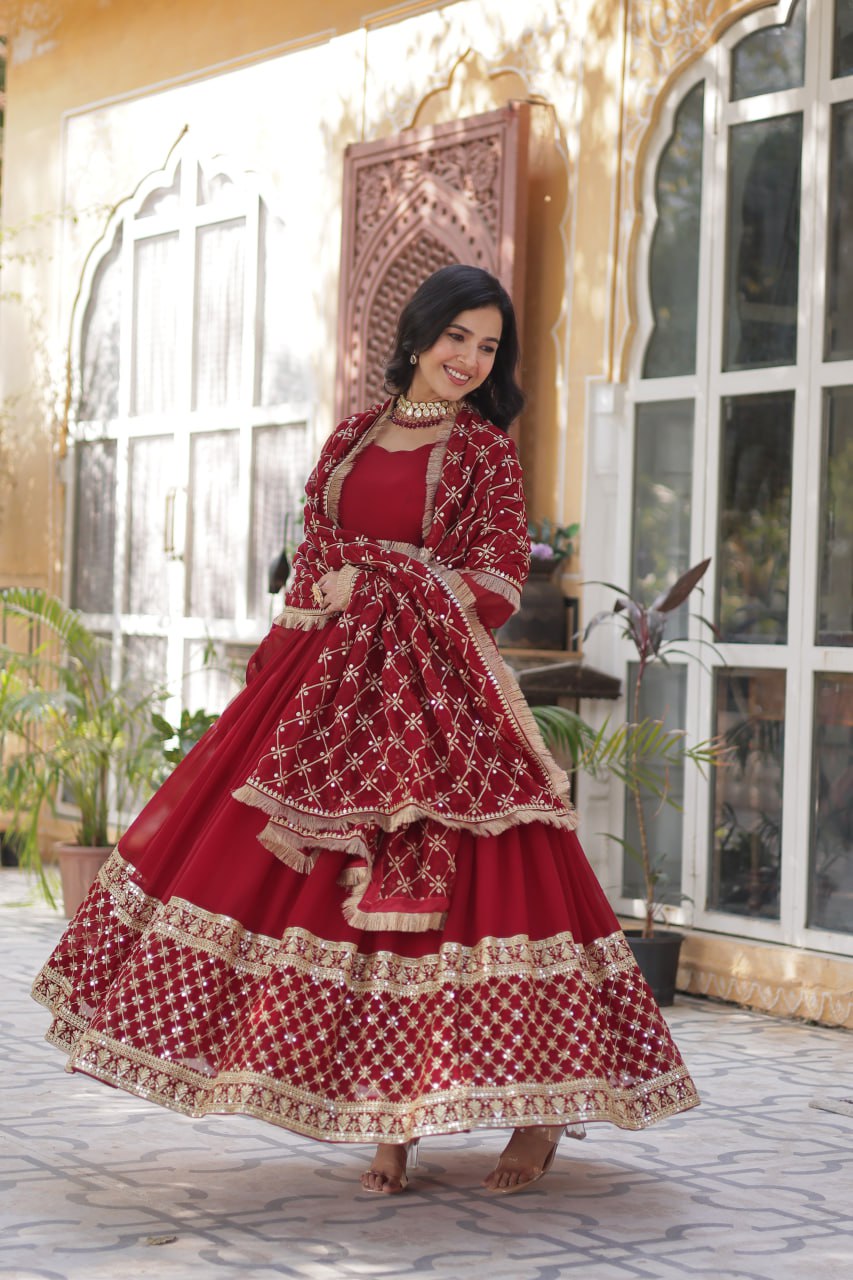 Wedding Wear Maroon Color Faux Blooming With Embroidery Zari Sequins Work Designer Gown
