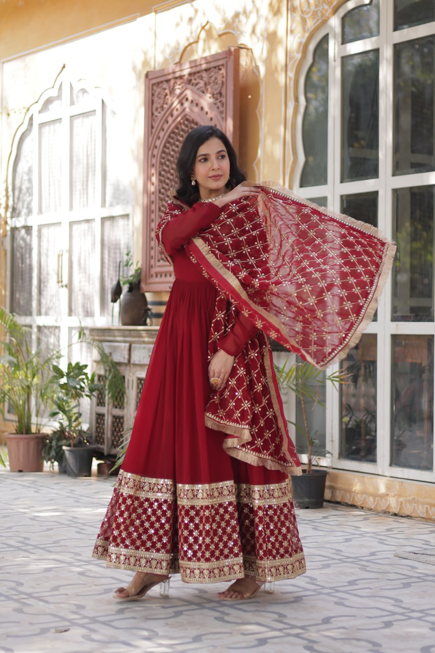 Wedding Wear Maroon Color Faux Blooming With Embroidery Zari Sequins Work Designer Gown
