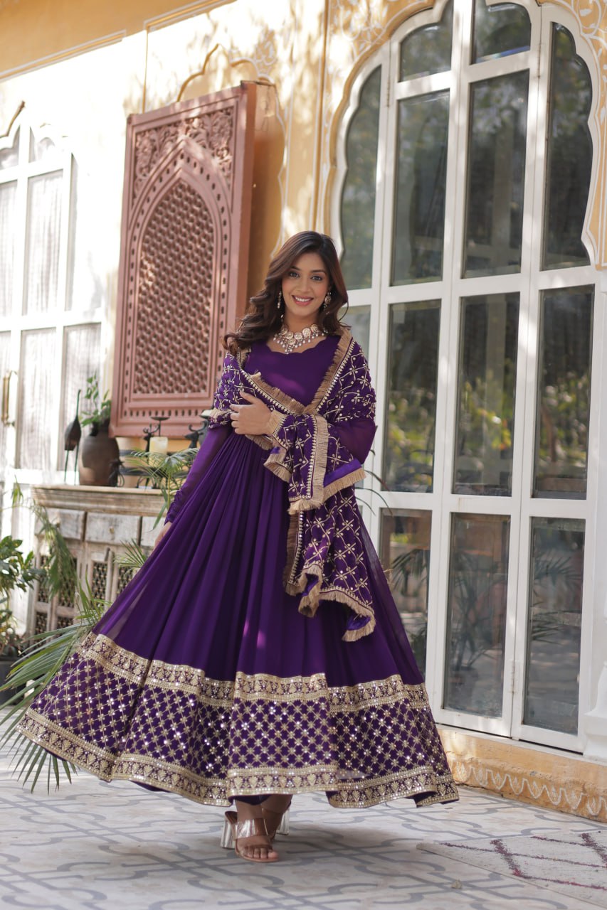 Wedding Wear Purple Color Faux Blooming With Embroidery Zari Sequins Work Designer Gown