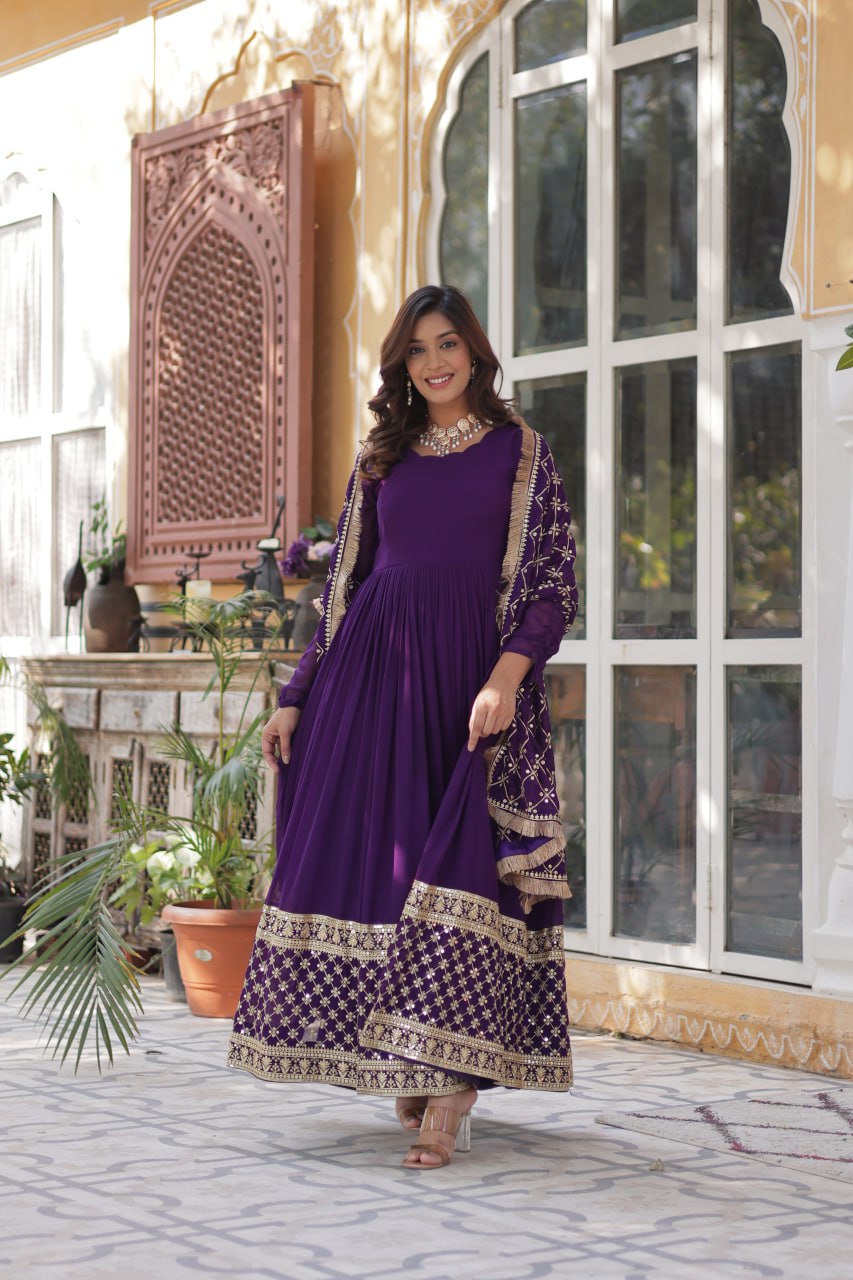 Wedding Wear Purple Color Faux Blooming With Embroidery Zari Sequins Work Designer Gown