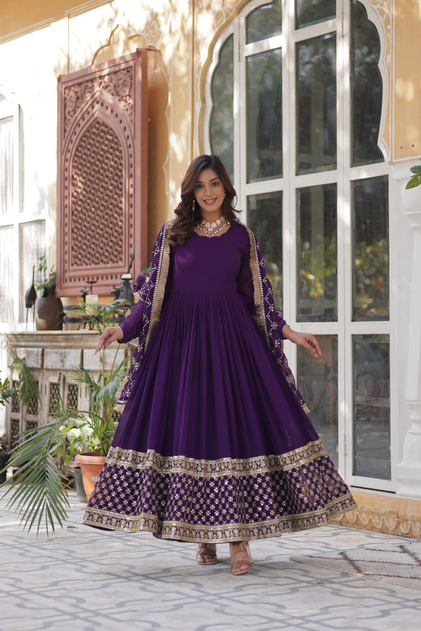 Wedding Wear Purple Color Faux Blooming With Embroidery Zari Sequins Work Designer Gown
