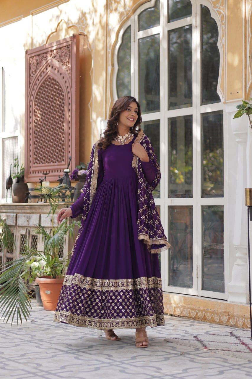 Wedding Wear Purple Color Faux Blooming With Embroidery Zari Sequins Work Designer Gown