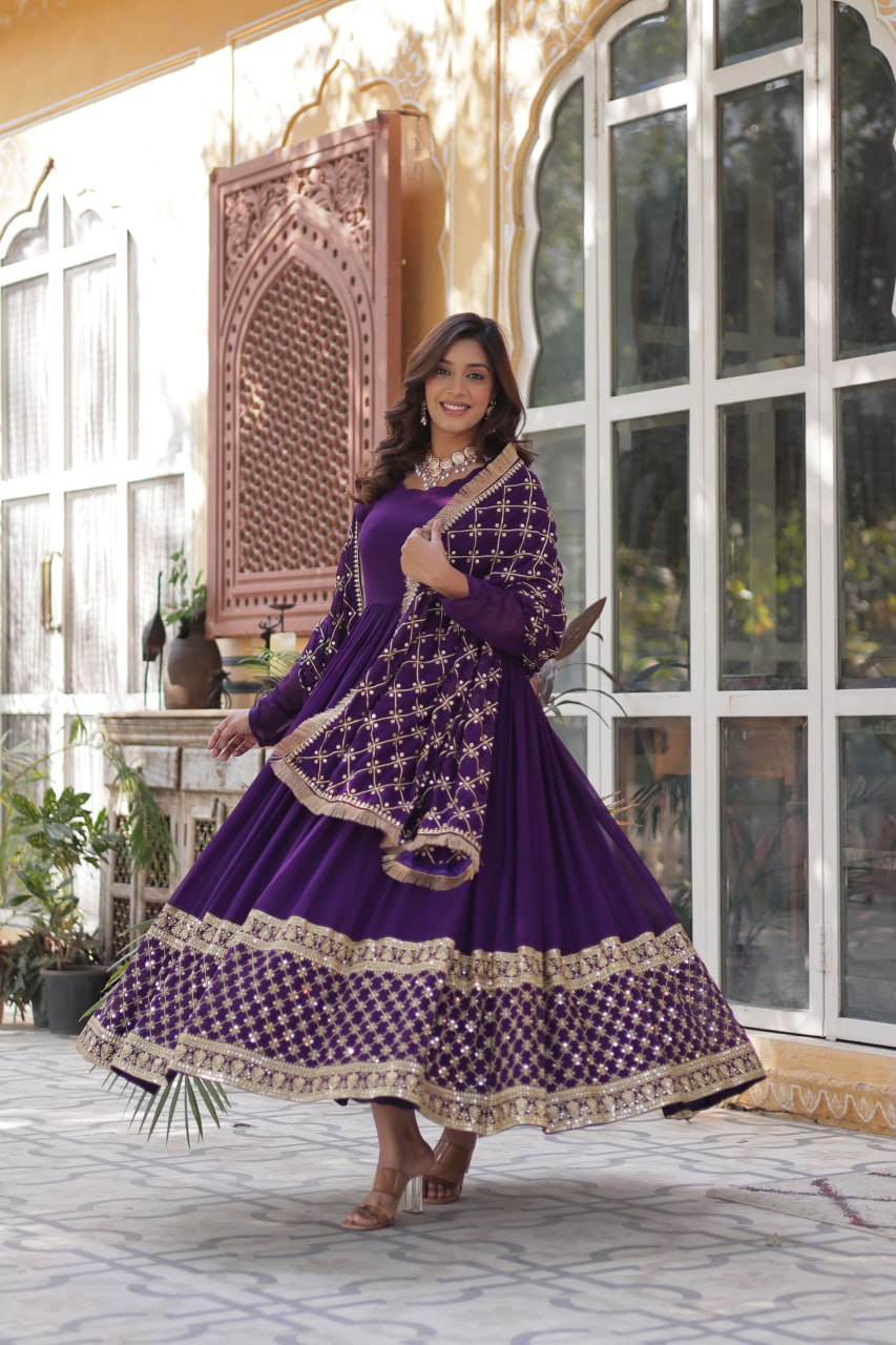 Wedding Wear Purple Color Faux Blooming With Embroidery Zari Sequins Work Designer Gown