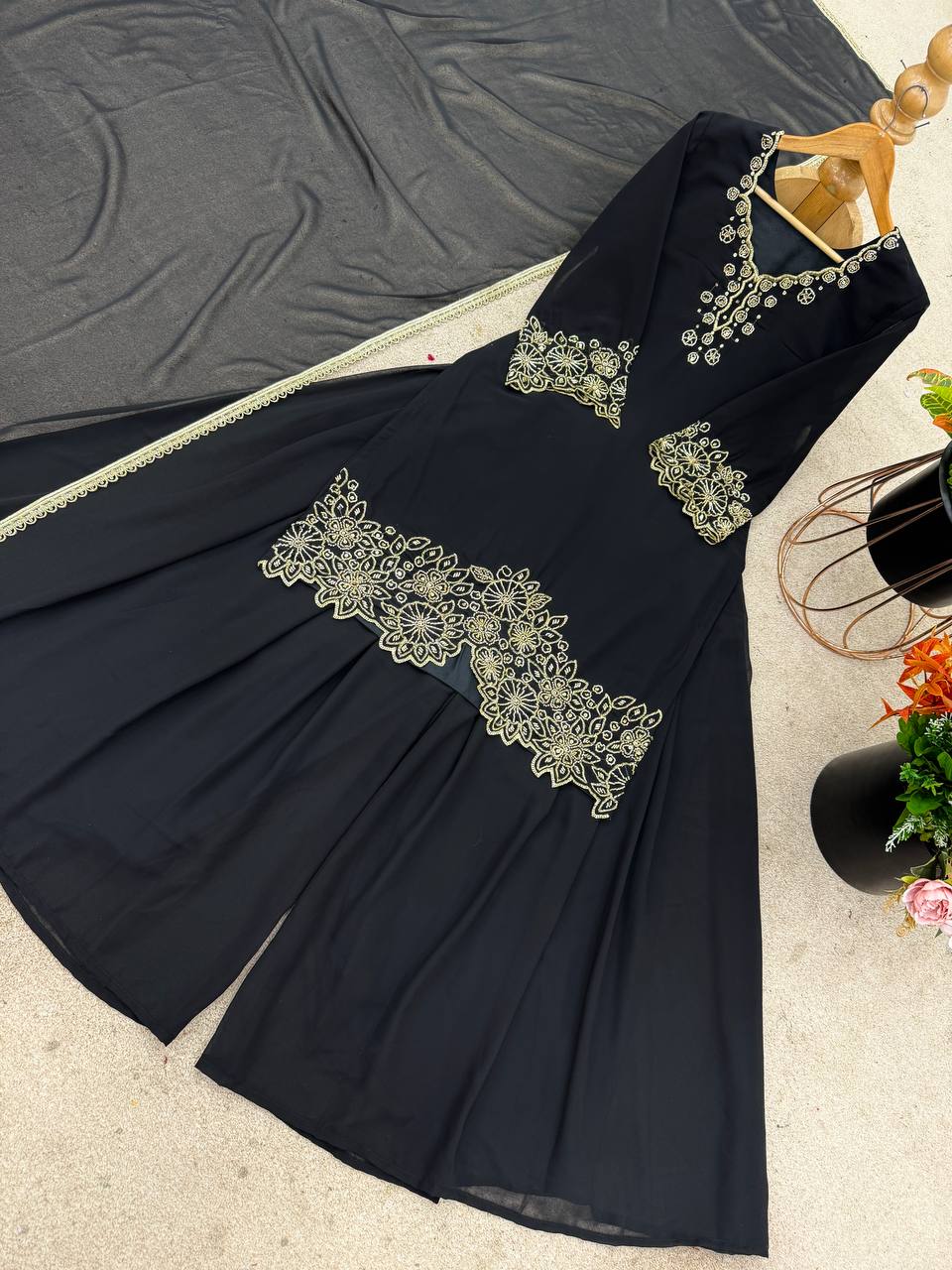 Designer Black Color Heavy Faux Georgette With Embroidery Beads Work Palazzo Suit