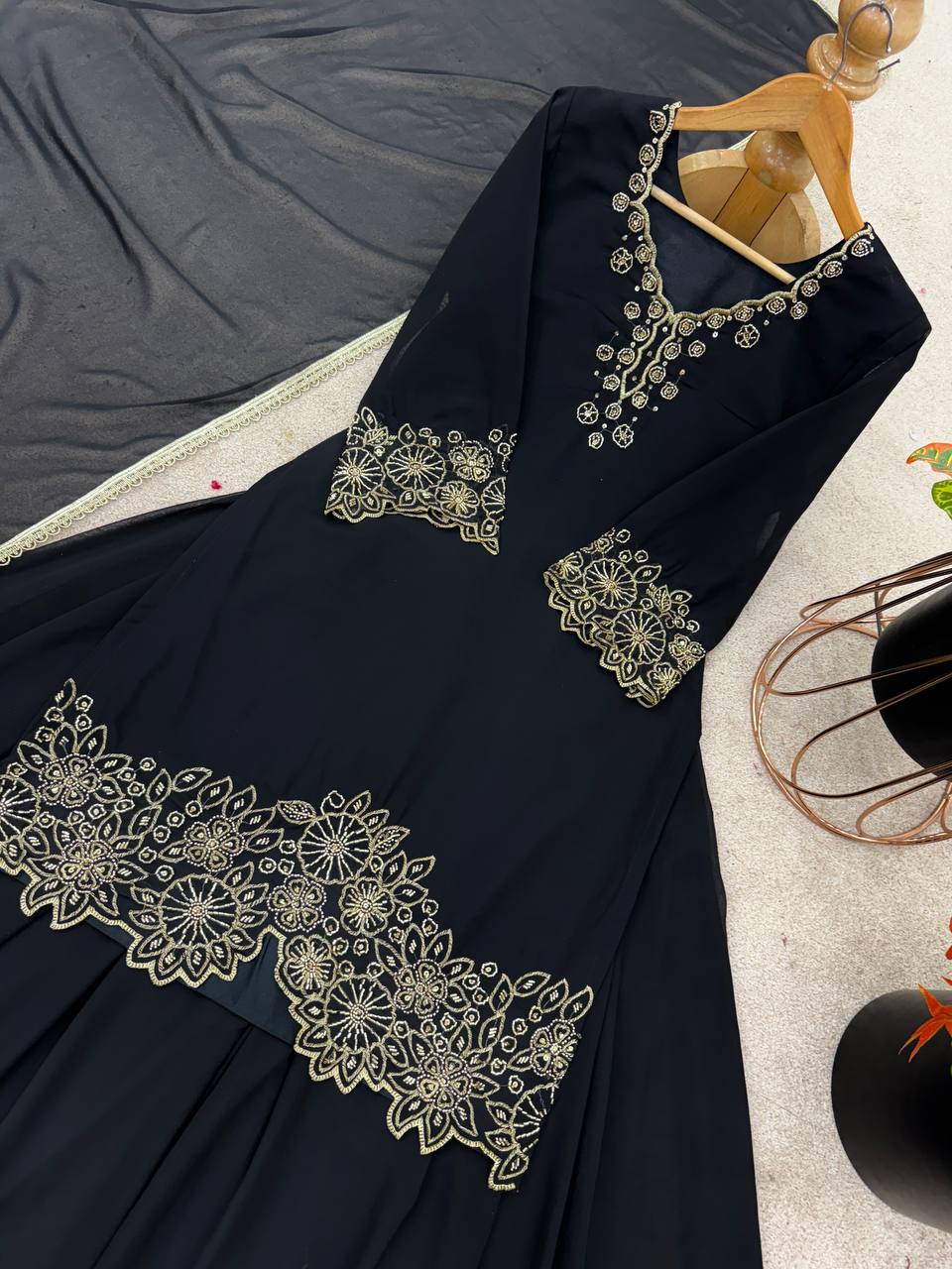 Designer Black Color Heavy Faux Georgette With Embroidery Beads Work Palazzo Suit